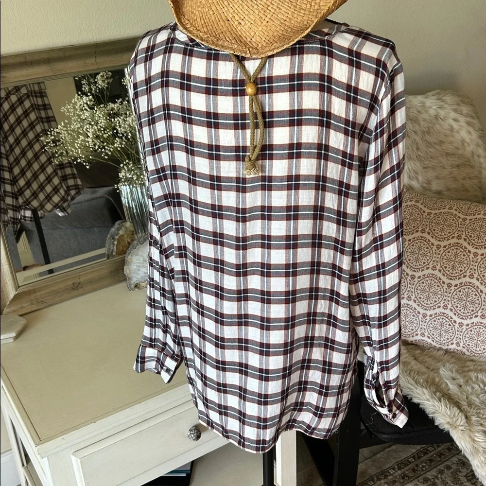 Ann Taylor loft white navy maroon plaid long sleeve boxy sheer blouse top M​​ - Picture 6 of 11